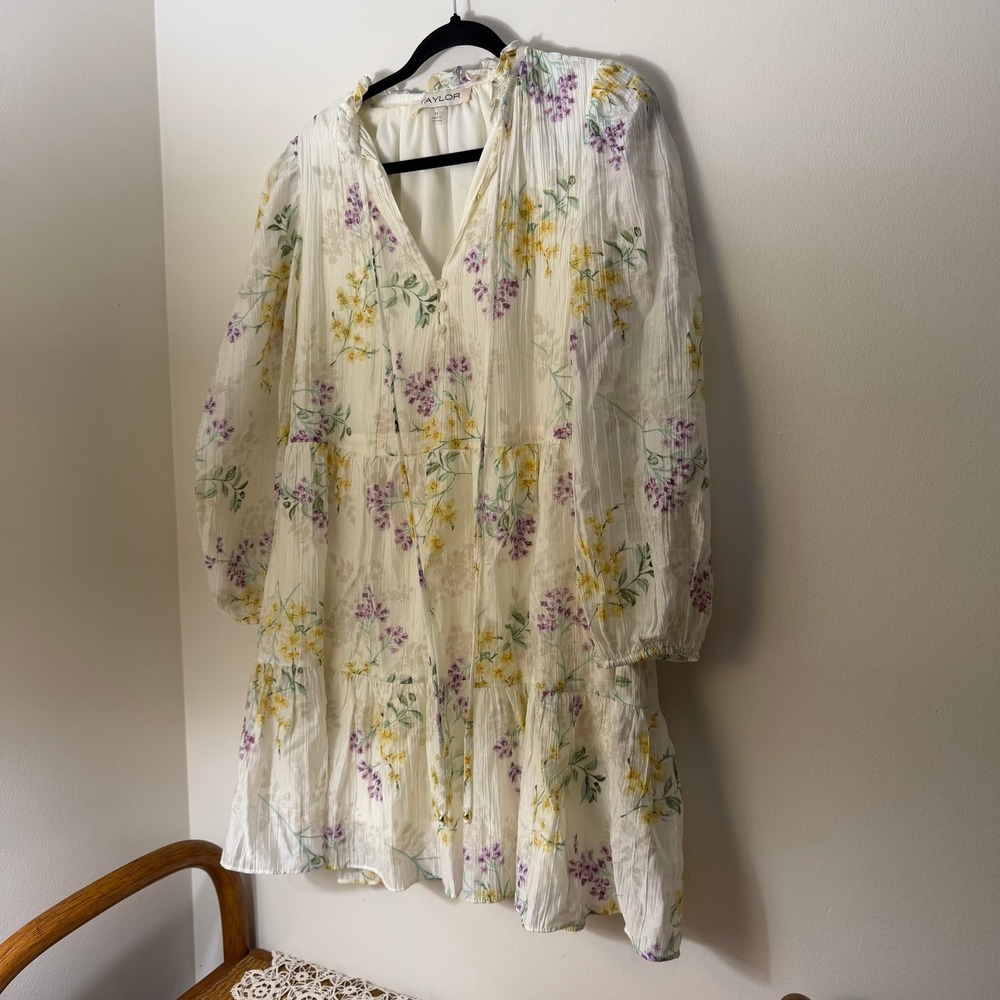 Taylor Women Floral Tiered Mini Dress Cream Purple Yellow Long Sleeve Size M